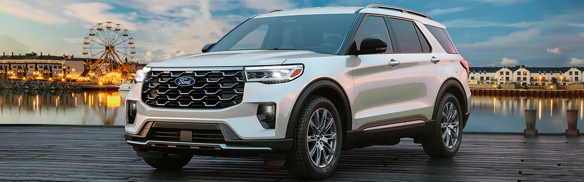 Silver 2027 Ford Explorer in front of ferris wheel